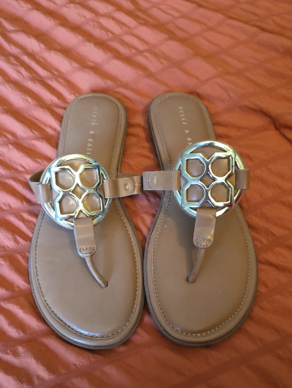 Kelly & Katie Taupe Thong Sandals with Gold Emblem